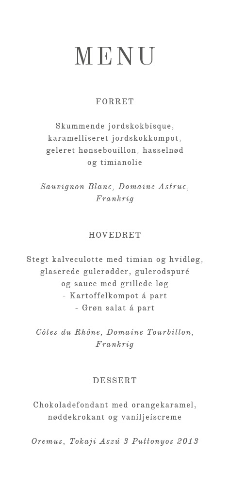 
                Et meget elegant og smukt menukort til jeres store dag. Dette menukort er enkelt og fint og meget minimalistisk. Til designet kommer også matchende elementer i form af invitation, velkomstskilt, salmehæfte, bordoversigt, bordkort, drinkskort, takkekort mm. således I kan skabe en rød tråd for dagen.                